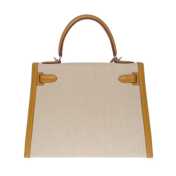 HERMES New Kelly 28 sellier handbag strap in beige canvas and gold leather, SHW - Picture 3 of 12